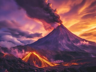 Dramatic scene of a volcano erupting with lava spewing from the crater, thick ash clouds, and a fiery contrast against the dark sky, showcasing nature's raw power