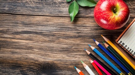 Naklejka premium light layout with books and pencils next to apple top view with generative ai