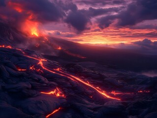 Dramatic scene of a volcano erupting with lava spewing from the crater, thick ash clouds, and a fiery contrast against the dark sky, showcasing nature's raw power
