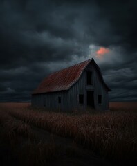 Fototapeta premium Exploring the Haunting Beauty of an Abandoned Barn Amidst Dark Clouds and a Wheat Field Under a Stormy Sky