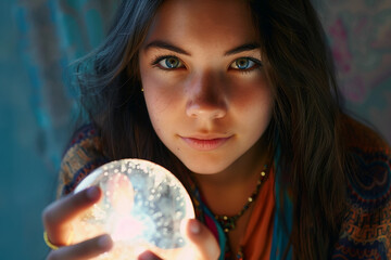 Naklejka premium Generative AI image of a mystical woman with a crystal ball, perfect for themes of magic, divination, and the supernatural