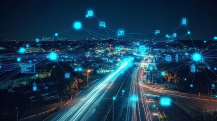 Obraz premium Connected Devices in a Digital Network at Night