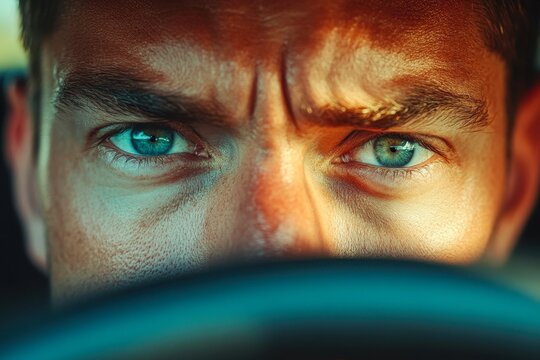 A close-up shot of a focused man driving, showcasing his intense expression and striking blue eyes, This image can illustrate themes of determination, concentration