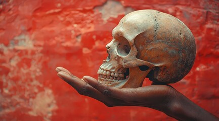 Hand of dark-skinned person holding a skull on a red background, with copy space for a Halloween or horror theme concept.