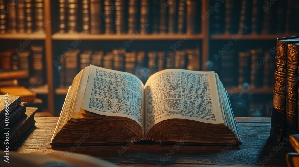Aufkleber a book is open on a table in front of a library