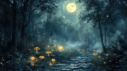 Fototapeta premium Enchanting Watercolor Painting of a Mystical Moonlit Forest Landscape with Glowing Mushrooms and Misty Atmospheric Ambiance Evoking a Dreamlike Fairytale like Atmosphere