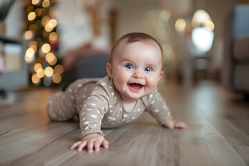 Baby on floor at home happy crawling person.