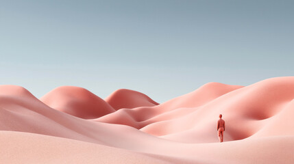 Fototapeta premium Minimalistic surreal landscape with smooth pink sand dunes and a solitary figure in matching pink clothing, under a clear blue sky.