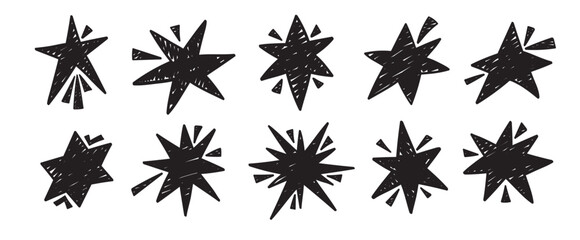 Set of grungy doodle stars. Scribble rough starry collection	