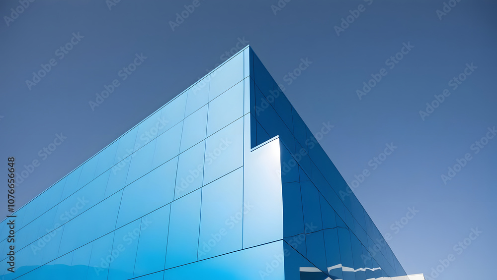 Poster a modern architectural structure featuring a sleek blue facade under a clear sky, emphasizing geomet