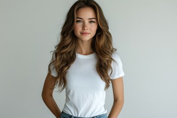 Fototapeta premium Young woman with long hair poses confidently in a white shirt against a neutral background