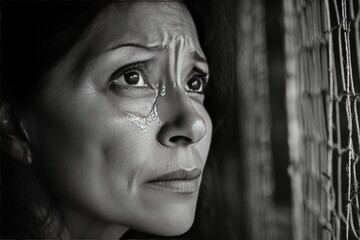 Fototapeta premium A close up of a distressed woman with tears streaming down her face amid a somber backdrop