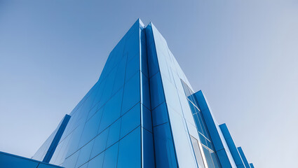 A modern blue skyscraper reaches towards the sky, showcasing a sleek design and impressive architecture against a clear backdrop.