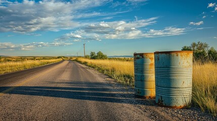 Obraz premium Discarded Metal Barrels on Country Roadside