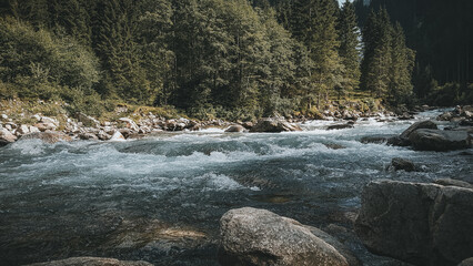 Mountains in Austria, river, Autum, moody green, moody orange, blue sky, mystical, holiday, hiking, Salzburg, Hollersbach, Pinzgau