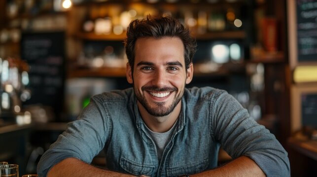 A man with a big smile is sitting at a bar