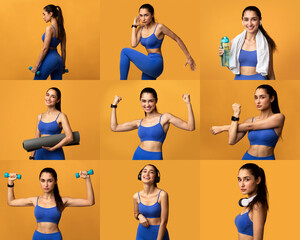 A young woman is captured in various dynamic fitness poses, displaying strength and enthusiasm while dressed in blue workout attire. The bright yellow background enhances her active energy.