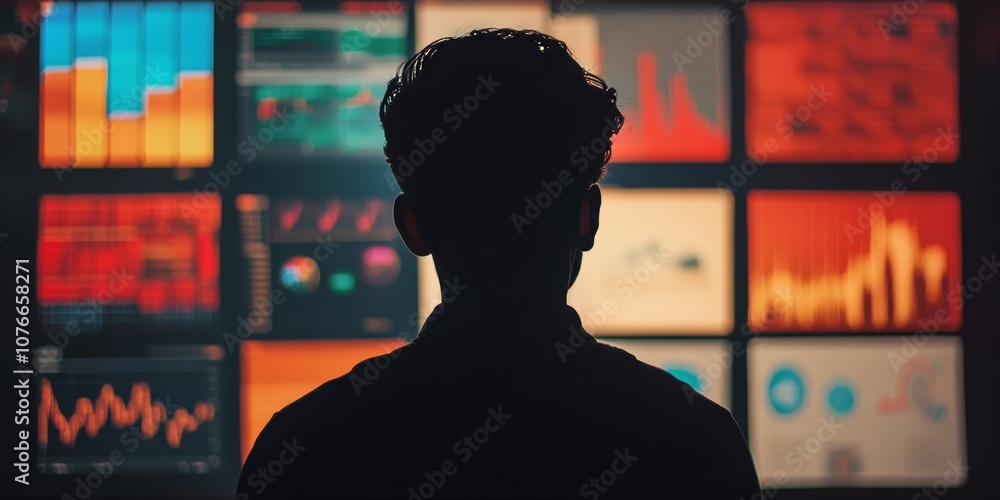 Poster silhouette of a person analyzing data on multiple screens
