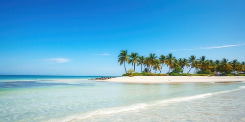 Fototapeta premium A tranquil holiday background featuring a serene beach with sparkling blue water and palm trees swaying in the gentle breeze, peaceful, serene, beach
