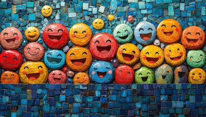 Mosaic of various smiling emojis, each with its own distinct expression and colorful palette. 