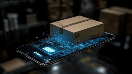 Cardboard box levitating over smartphone with glowing circuit board and "Buy" button.