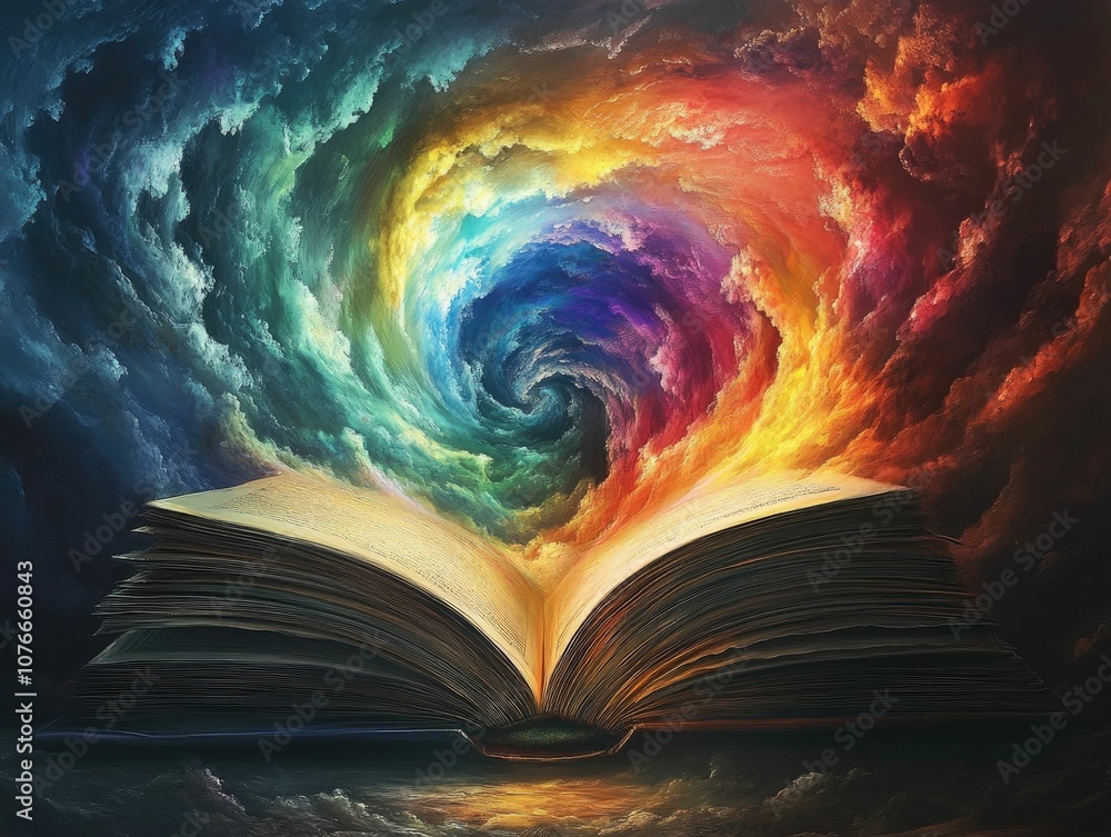 Poster swirling rainbow vortex emerging from an open book representing the unleashing of creativity and ima