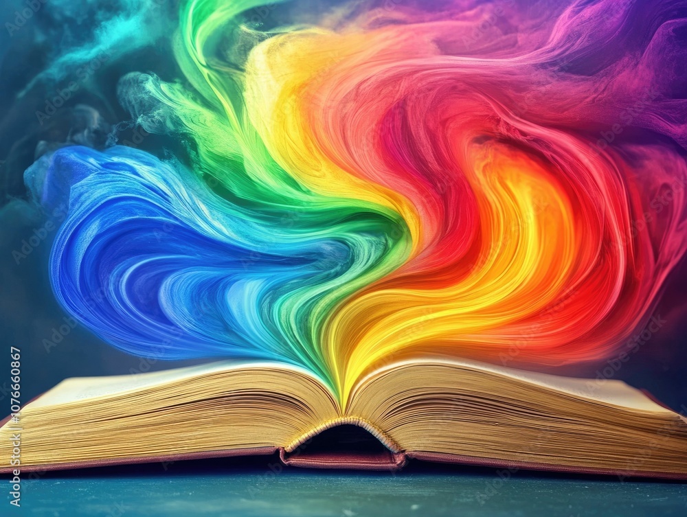Poster swirling rainbow vortex dramatically emerging from the open pages of a book symbolizing the unleashi