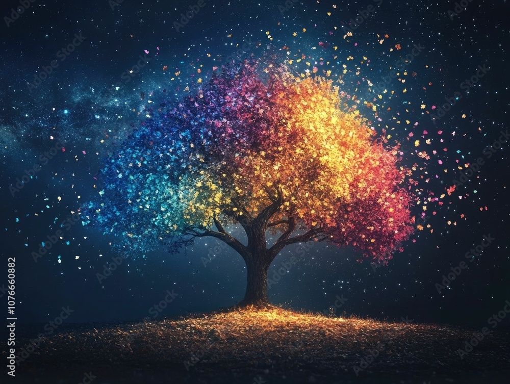 Poster glowing multicolored tree with floating leaves set against a starry cosmic sky symbolizing the bound