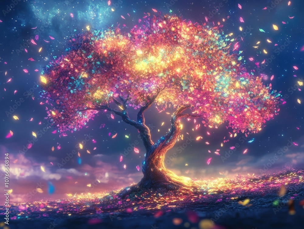 Poster glowing ethereal tree with multicolored floating leaves surrounded by a mesmerizing starry sky symbo