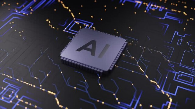 A video of an AI processing chip integrated into a high-tech circuit board. The chip glows with blue neon lines that indicate data transfer, surrounded by a modern, black, technological environment.