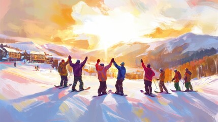 Group Celebration at a Ski Resort in Golden Light