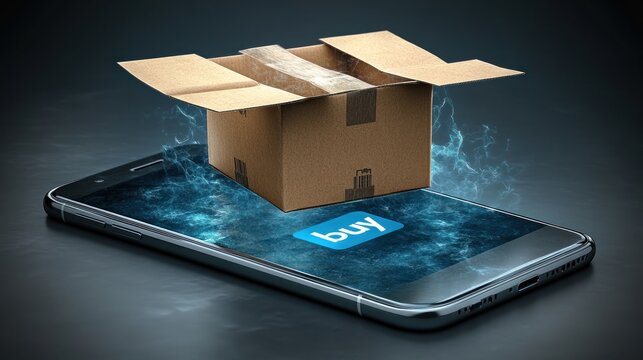 Cardboard box levitating above a smartphone with a blue "buy" button on the screen.