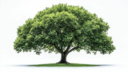Obraz premium A solitary tree with lush green leaves and a thick trunk stands on a patch of grass against a white background.