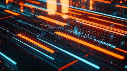 Fototapeta premium Abstract cyberpunk composition with overlapping neon symbols, dark industrial textures, and intricate details, perfect for technology-driven, futuristic-themed designs