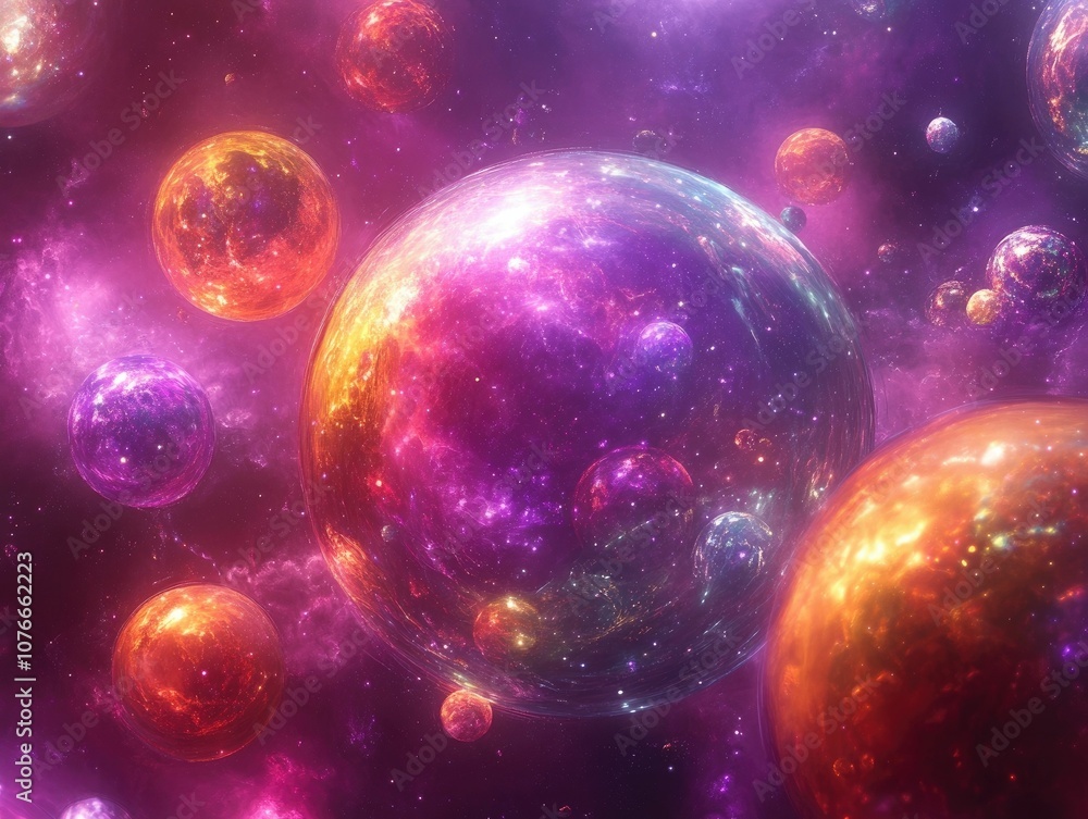 Poster glowing spheres of vibrant colors orbiting around a central point in space symbolizing the vastness 