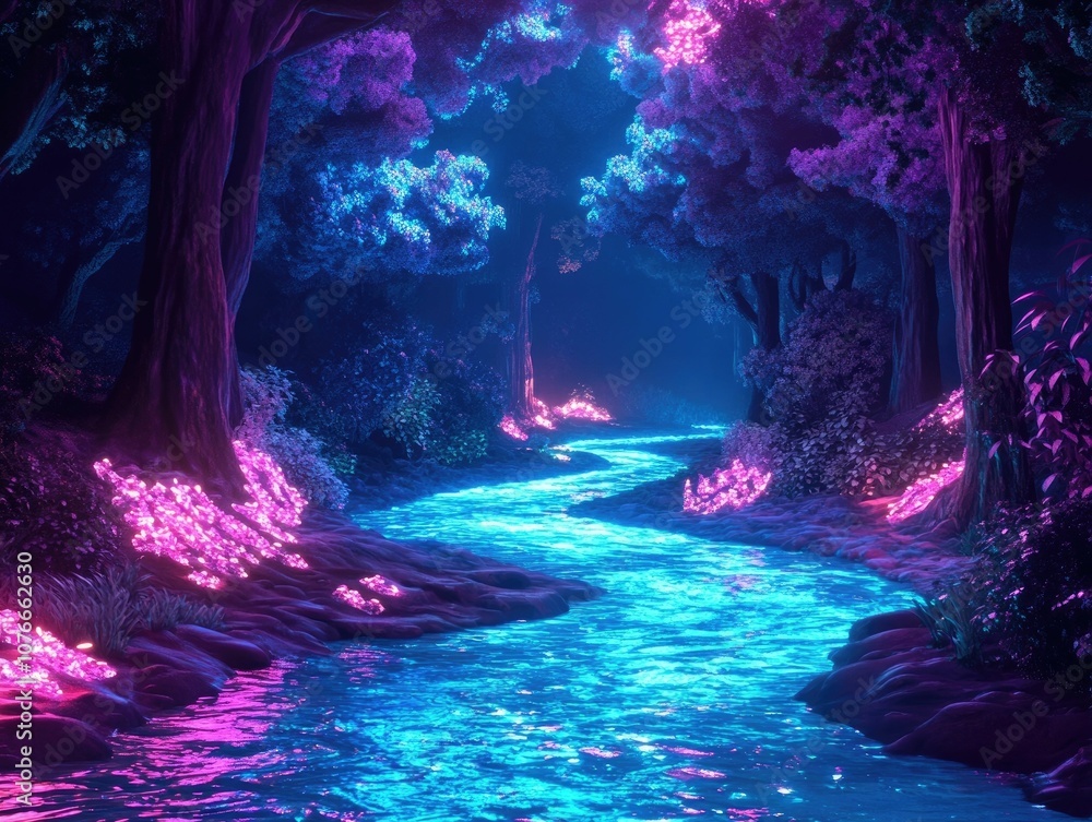Poster a fantastical landscape where a neon colored river winds through a forest of glowing luminous trees 