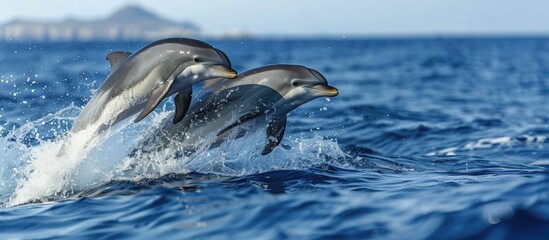 Obraz premium Two Dolphins Leap Out of the Water in a Splash of Joy