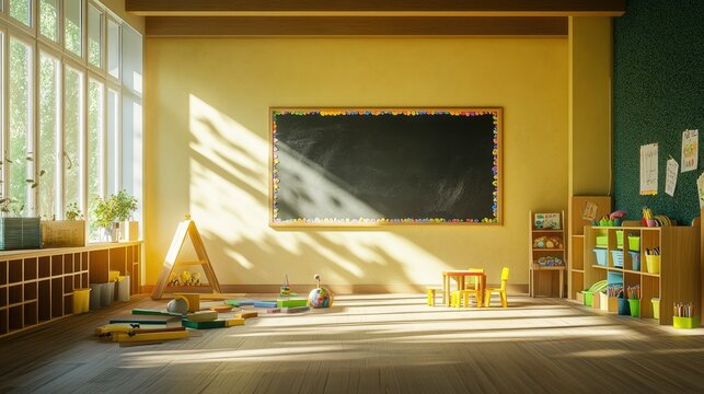 photo realistc pre-school classroom with a chalkboard in an empty room photographed with a Sony A1 and a 50mm Lens with generative ai