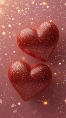 Fototapeta premium Two heart decorations shine on a pink background with soft bokeh lights for a festive vibe