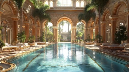 Fototapeta premium Luxurious indoor pool surrounded by elegant architecture and greenery.