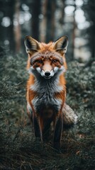 Fototapeta premium A curious fox stands on the ground among fallen leaves during a sunny afternoon