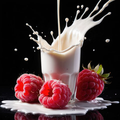 Raspberries and Glass of Milk Falling into Milk Splash with Berries on Black Background