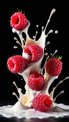 Raspberry Falling into Milk Splash with Berries on Black Background