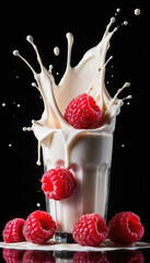 Raspberries and Glass of Milk Falling into Milk Splash with Berries on Black Background