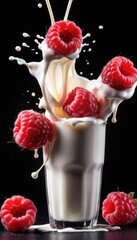 Raspberries and Glass of Milk Falling into Milk Splash with Berries on Black Background