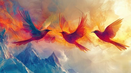 Fototapeta premium Vivid dreamlike birds made of abstract colors gracefully flying over a surreal mountain range symbolizing the freedom and boundless nature of thought and imagination