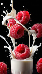 Raspberry Falling into Milk Splash with Berries on Black Background