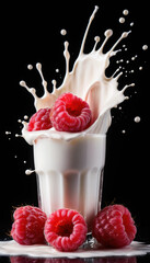 Raspberries and Glass of Milk Falling into Milk Splash with Berries on Black Background