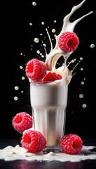 Raspberries and Glass of Milk Falling into Milk Splash with Berries on Black Background