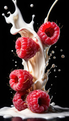 Raspberry Falling into Milk Splash with Berries on Black Background